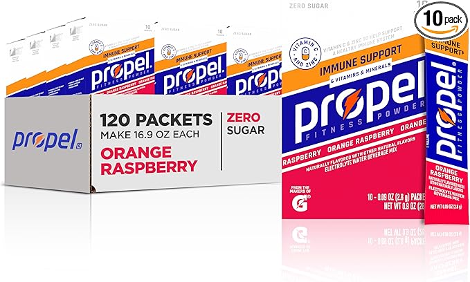 Propel Immune Support Electrolyte Enhanced Water Drink Mix Powder Packets, Orange Raspberry, 100% DV Vitamin C, Good source of Zinc, Zero Sugar Hydration with Electrolytes and Vitamins (120 Packets)