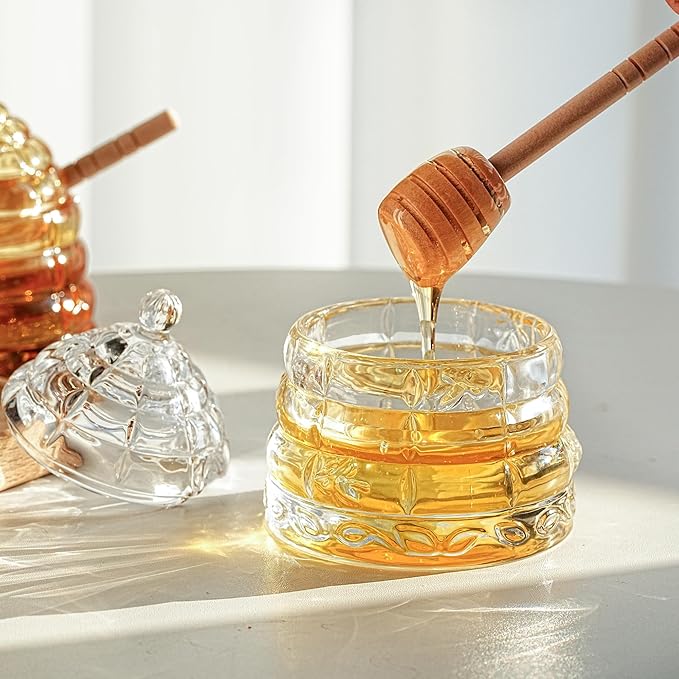 kanpura Honey Pot with Dipper and Lid 3.7oz Glass Honey Jar with Wooden Dippers Stick Set Syrup Dispenser for Home Kitchen (Clear)