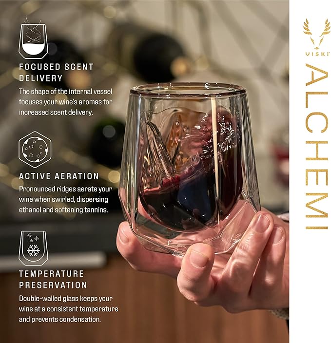 Viski Alchemi Aerating Wine Glass, Double Walled Tasting Tumbler for Red Wine, Enhances Aroma & Flavor, Elegant Modern Glassware, Home Bar Essentials, 8 oz, Set of 1