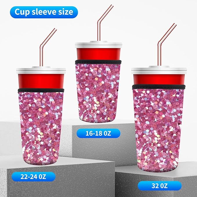 3 Pack Reusable Neoprene Insulator Sleeve for Iced Coffee Cups, Funny Coffee Cup Sleeves for 16-32oz Coffee cups, Cute Drink Sleeve for Cold Hot Beverages Cute Pink Glisten
