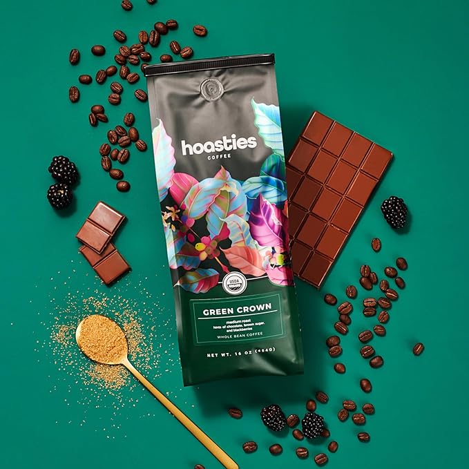 Hoasties Coffee Green Crown - Medium Roast Whole Bean Organic Coffee, Made with 100% Colombian Arabica Coffee Beans, 16 ounces