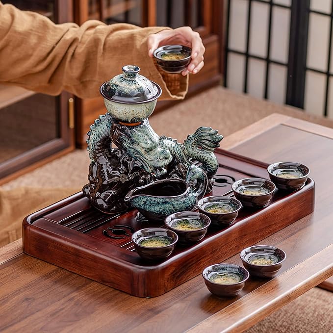 Ceramic Teapot with Infuser Semi Automatic Tea Set Magic Teapot with 8 cups Gradient Color (Gradient Dragon- C)