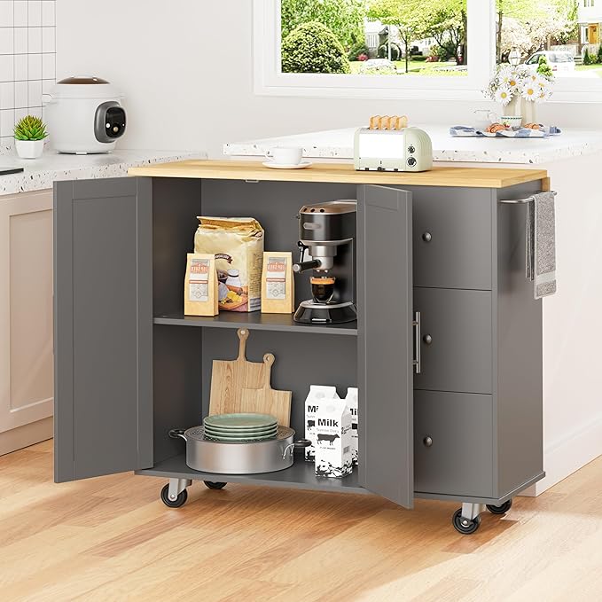 Shintenchi Kitchen Island with Folding Drop Leaf, Rolling Island Table with Storage, Kitchen Cabinet on Wheels with Seating Area for Kitchen, Bar Cart with Cabinet, Gray