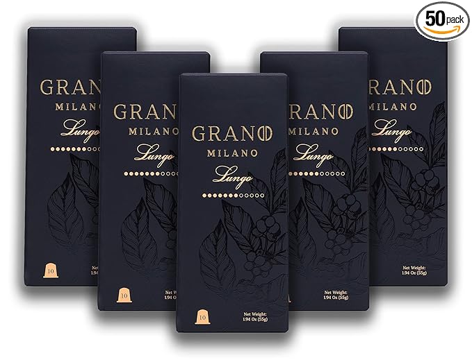 Grano Milano Lungo - 50 Espresso Pods Compatible with Nespresso Original line, 100% Arabica Medium Roast - Intensity 7/12, Coffee Capsules Made in Italy Espresso Coffee