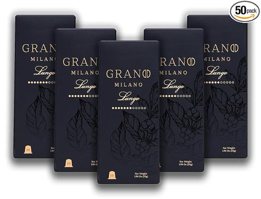 Grano Milano Lungo - 50 Espresso Pods Compatible with Nespresso Original line, 100% Arabica Medium Roast - Intensity 7/12, Coffee Capsules Made in Italy Espresso Coffee