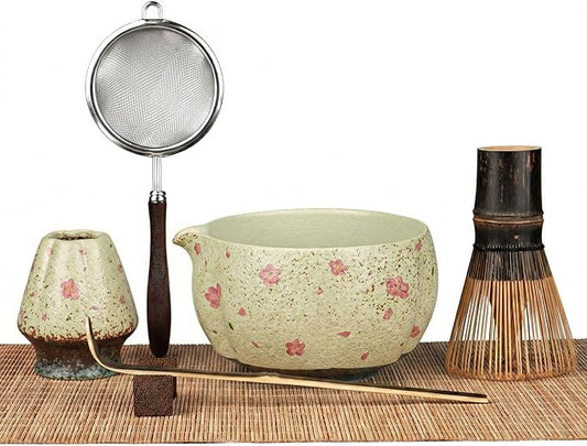 7-Piece Matcha Set with Ceramic Matcha Bowl, Bamboo Whisk (Chasen) & Holder, Sifter, Tea Scoop & Rest, Special Bamboo Tea Mat - Perfect Matcha Kit for Matcha Lovers & Gift Giving, Sakura