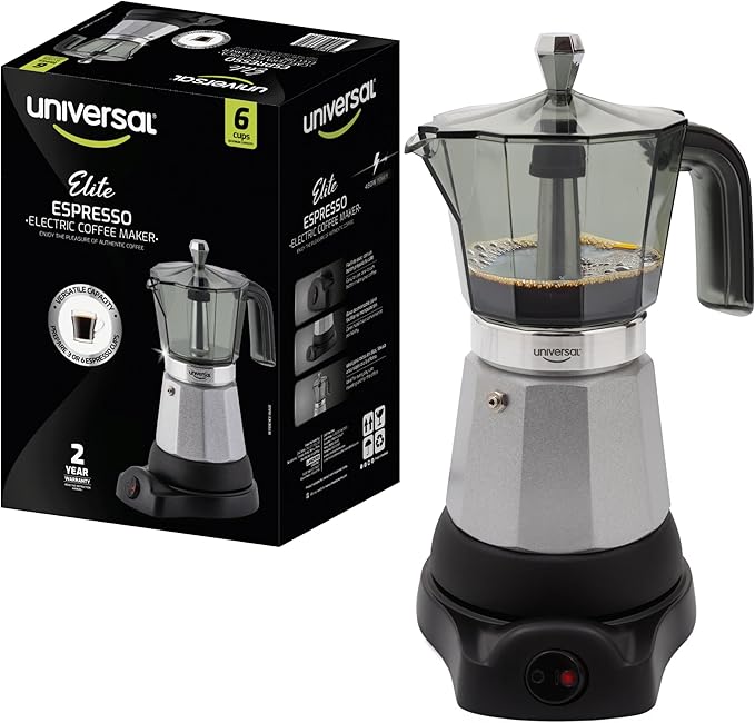 universal Electric Coffee Maker (6 Cups), Cuban Moka Pot (480 Watts), Gift for Coffee Lovers, Easy Brewing, Prepare Espresso Recipes: Italian, Latte, Macchiato & Mocaccino