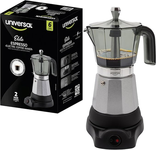 universal Electric Coffee Maker (6 Cups), Cuban Moka Pot (480 Watts), Gift for Coffee Lovers, Easy Brewing, Prepare Espresso Recipes: Italian, Latte, Macchiato & Mocaccino