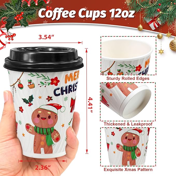 Clawsoff Christmas 100 Pack Coffee Cups with Lids 12oz, Disposable Insulated Ripple Wall To Go Paper Coffee Cups for Hot/Cold Drinks Office Home Shop Event