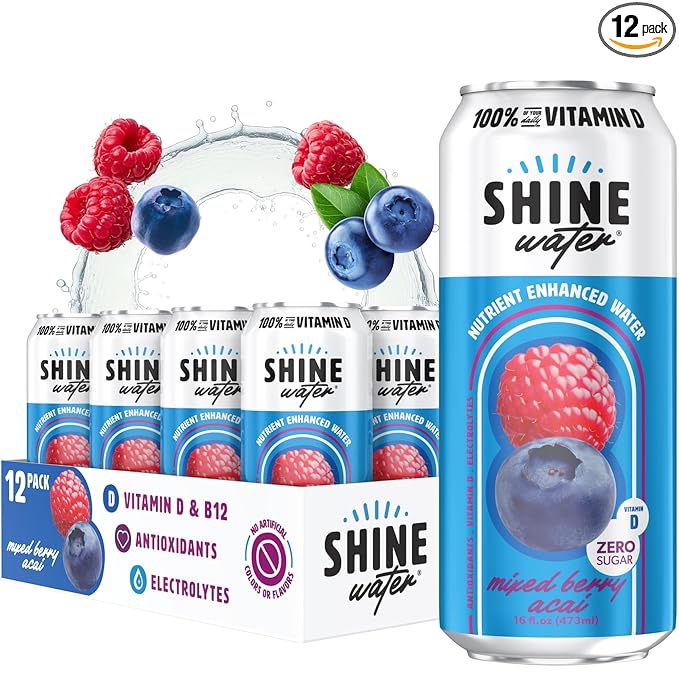 Shine Water Mixed Berry Acai Vitamin D Electrolyte Drink | Zero Sugar Hydration Beverage with Magnesium, Zinc & Antioxidants | Low Calorie Plant-Based Vitamin Water | 12 Pack
