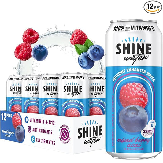Shine Water Mixed Berry Acai Vitamin D Electrolyte Drink | Zero Sugar Hydration Beverage with Magnesium, Zinc & Antioxidants | Low Calorie Plant-Based Vitamin Water | 12 Pack