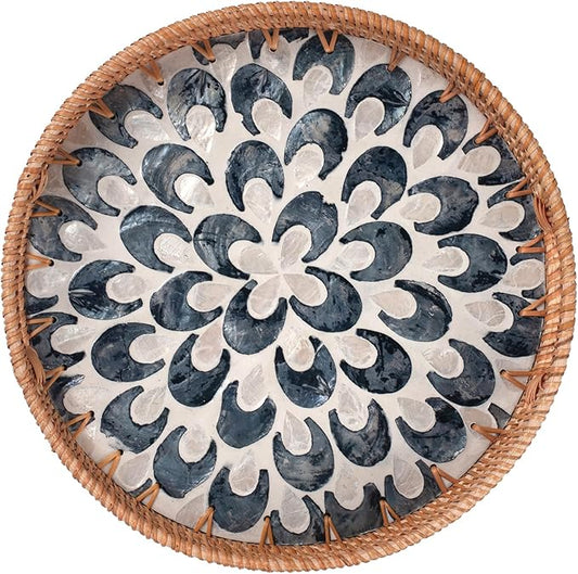 YANGQIHOME Round Serving Tray with Handle, Rattan Tray with Decorative Mother of Pearl Inlay, Round Wicker Trays for Home Decor, Coffee Table, Gifts, Dining, 11.8 inch