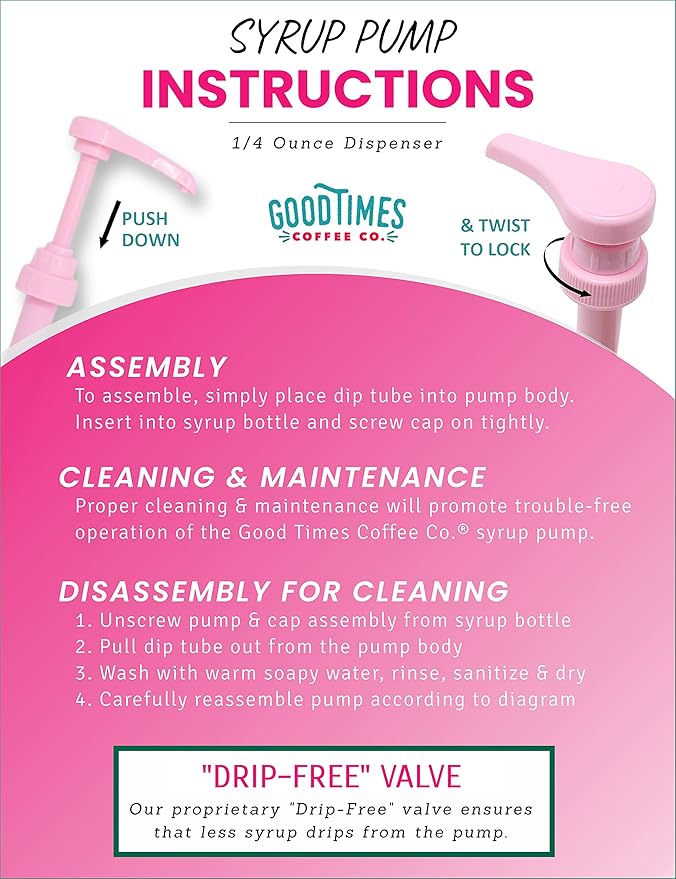 Pink Coffee Syrup Pump for 750 ml Bottles (Pack of 6) Fits Jordans Skinny, Torani, DaVinci, Upouria and (Monin 1 Liter Plastic Bottles Only)