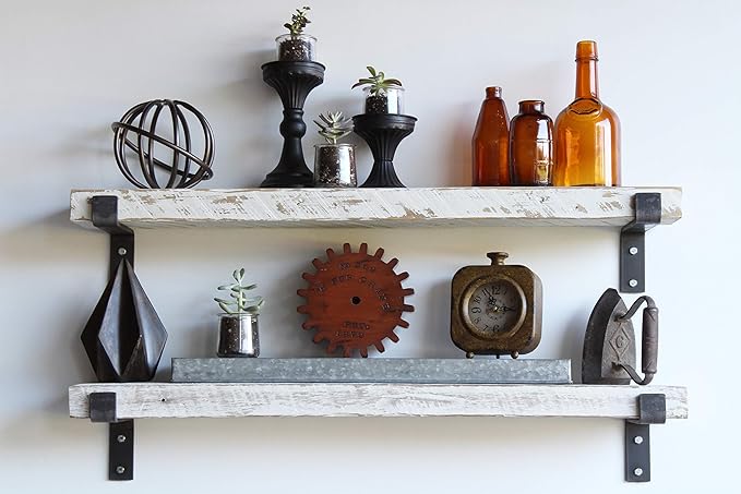 Urban Legacy Accent Shelves | Reclaimed Barn Plank | Set of 2 with Full Brackets (White Wash 36" x 4.5" x 2")