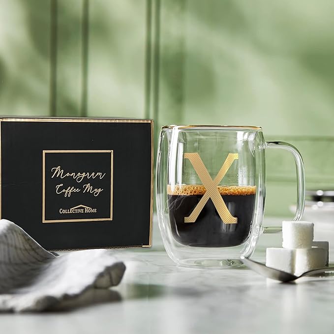 COLLECTIVE HOME - Double Walled Glass Coffee Mugs, Insulated Coffee Mug with Handle, Personalized Gifts for Women, Men, Christmas, 14 oz Monogram Cups (X)