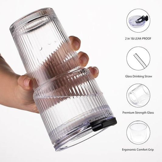 450ml/15oz Ribbed Glass Tumbler,Thickened Glass Cup with Leak-Proof Lid & Straw, BPA-Free, Suitable for Coffee, Matcha, Juice - Fits Car Cup Holder, Office & Travel Use (Clear)