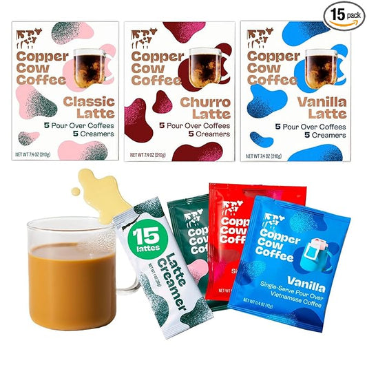 Copper Cow Vietnamese Coffee Variety Pack (15 Coffees & 15 Creamers)| Classic, Churro, & Vanilla Latte | Pour Over Single-Serve Lattes, No Refrigeration Needed, Travel Friendly Ground Coffee