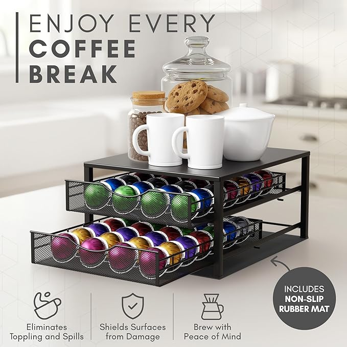 Coffee Pod Holders Drawer - 2 Tier K-Cup Holder Drawer with 56 Pod Cap, Kcup Storage Nonslip Rubber Mat - Dual Sliding K Cup Organizer, Coffee Station Organizer for Countertop Home Office