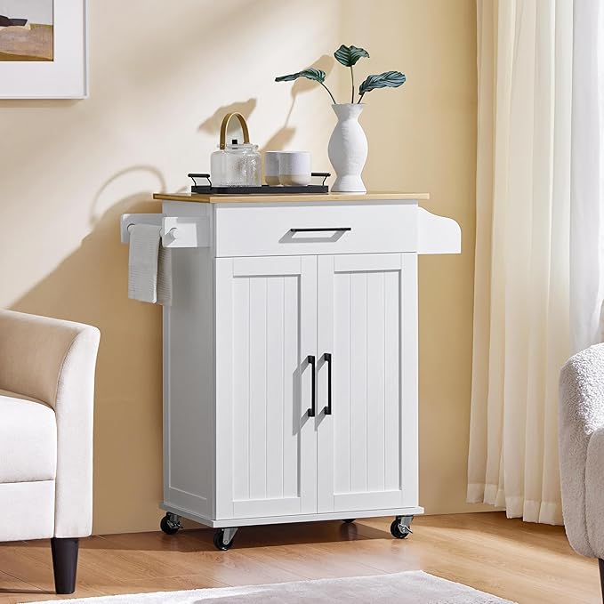 Yaheetech Kitchen Cart with Bamboo Tabletop, 32" Width Rolling Kitchen Island with Drawer and Adjustable Shelf, Storage Cabinet with Spice Rack Towel Bar for Dining Room Kitchen Living Room, White