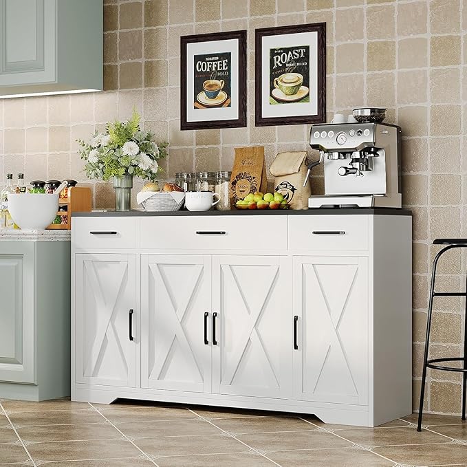 Farmhouse Modern Buffet Sideboard Cabinet with 3 Drawers, 55" Large Wood Kitchen Storage Coffee Bar Cabinet for Kitchen, Dining Room