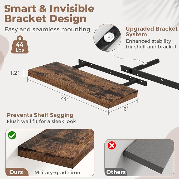 Floating Shelves for Wall with Invisible Brackets, Wall Mounted Engineered Wood Shelves with Wood Grain for Living Room, Bathroom, Kitchen Decor and Storage, Oak, 24"L Set of 2, Rustic Brown