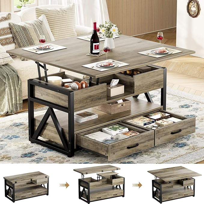40" Lift Top Coffee Table,4 in 1 Multi-Function Lift Coffee Tables with Storage Drawers and Hidden Compartmen,Farmhouse Coffee Table with Lifting top for Living Room,Grey