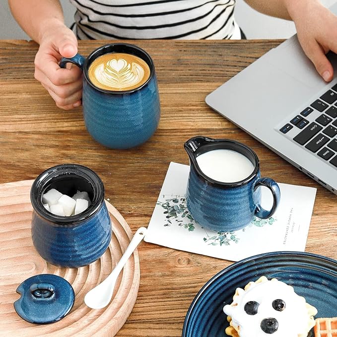 Ceramic Sugar and Creamer Container Set of 3,10 Ounce Cream Pitcher,11 Ounce Sugar Bowl with Lid and Spoon,Farmhouse Coffee Bar Accessories Set for Serving,Microwave & Dishwasher Safe,Blue