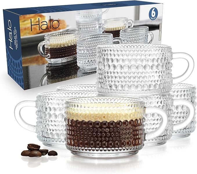 Espresso Cups, Set of 6 Shot Glasses 3 oz Coffee Espresso Mugs, Insulated Clear Thick Glass with Handle - Hobnail Embossed Mini Mugs Demitasse Cup Dishwasher Safe