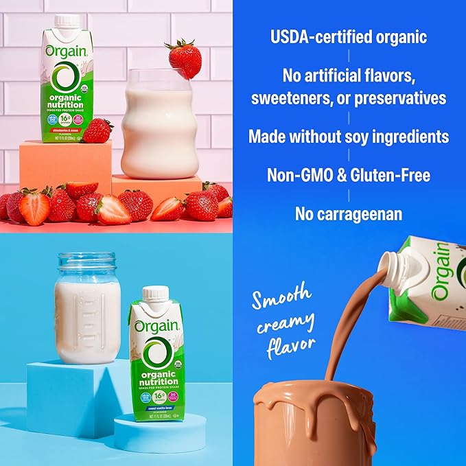 Orgain Organic Nutritional Protein Shake, 16g Grass Fed Whey Protein, Meal Replacement, 20 Vitamins & Minerals, Fruits & Vegetables, Variety Pack, Chocolate, Vanilla, Strawberry, 11 Fl Oz (12 Pack)