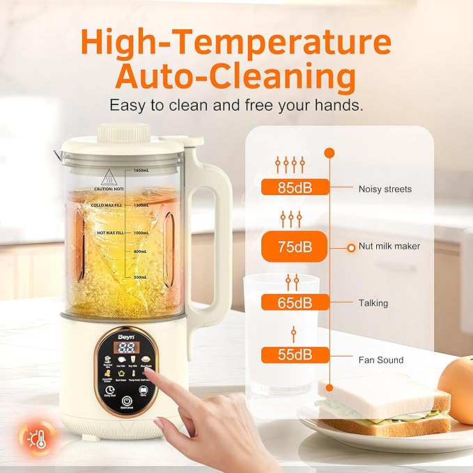 Beyn 10-in-1 Automatic Nut Milk Maker Machine, 60oz Large Capacity with 𝟒𝟖 𝐓𝐢𝐭𝐚𝐧𝐢𝐮𝐦 Blades & Self-Cleaning. for Homemade Almond, Soy, Oat Milk, Milkshake - Delay Start & Keep Warm Functions