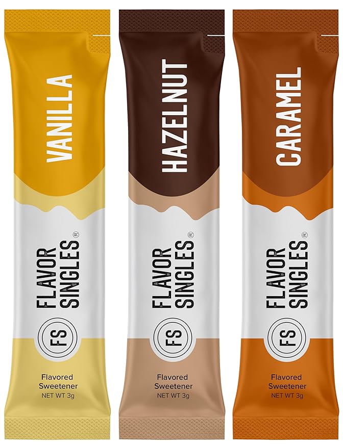 Flavor Singles Variety (Vanilla, Hazelnut & Caramel) Powdered Coffee & Tea Sweetener Packets, Travel Ready Single-Serve Syrup Alternative, 30 Count (Pack of 3)