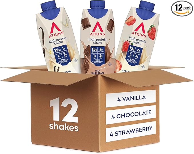 Atkins Best Sellers Protein Shake Variety Pack, Strawberry, Vanilla and Milk Chocolate Flavored Protein Shakes, 15g Protein, 3g Fiber, GLP-1 Friendly, 12 Count