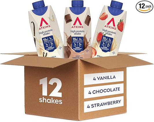 Atkins Best Sellers Protein Shake Variety Pack, Strawberry, Vanilla and Milk Chocolate Flavored Protein Shakes, 15g Protein, 3g Fiber, GLP-1 Friendly, 12 Count
