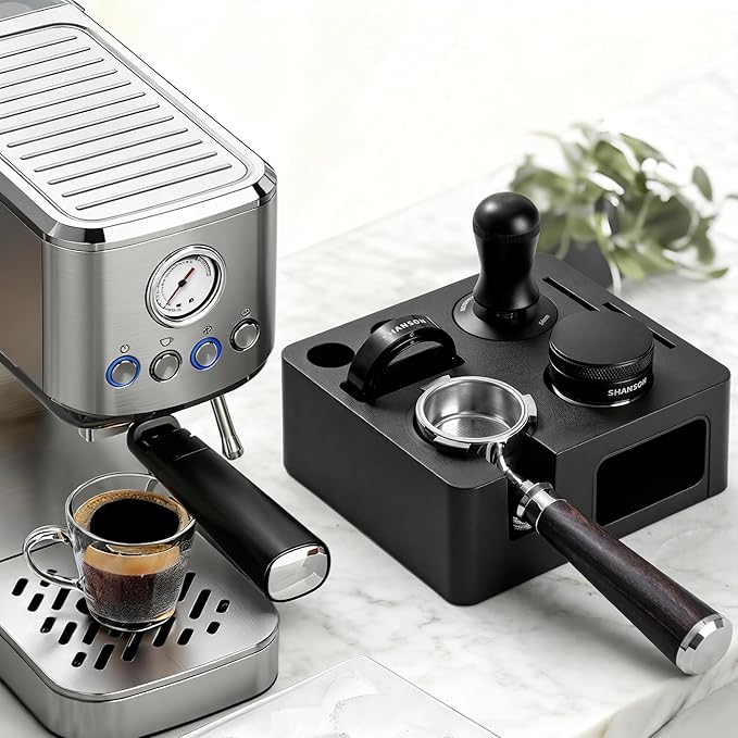 ShanSon Espresso Accessories Kit,7-in-1 51mm Compact Espresso Tamper Set: Espresso Tamper, Distributor, Bottomless Portafilter, Dosing Funnel,Station