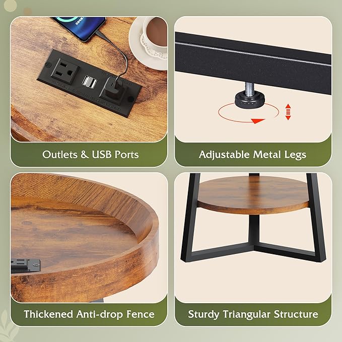 WLIVE Round End Table with Charging Station, Small Round Coffee Table, 2 Tier Side Table for Living Room/Bedroom, Sofa Couch, Wood Tabletop & Metal Frame, Rustic Brown