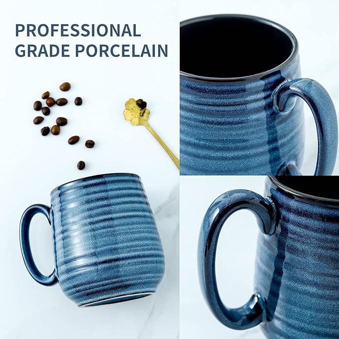 HASENSE Large Coffee Mugs Set of 2, Porcelain 20 oz Coffee Cups for Office and Home, Modern Coffee Mug with Big Handle for Latte Coffee Tea Soup as Friend Gifts, Dishwasher and Microwave Safe, (Blue)