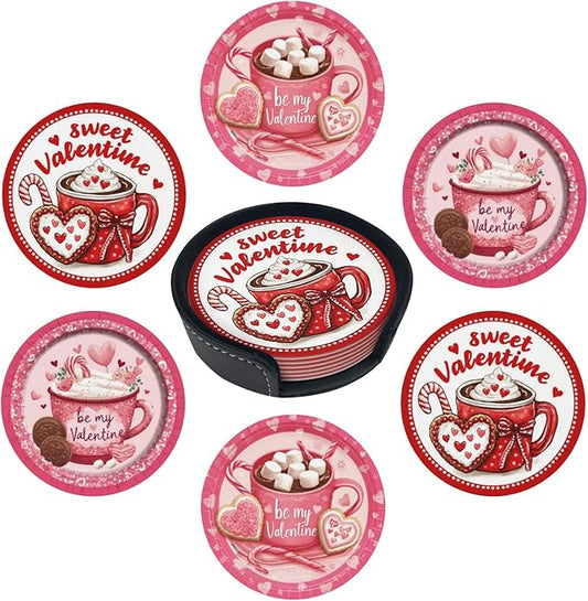 Sweetheart Coasters for Drinks with Holder Round Leather Coasters Set of 6 Cups Mugs Mat Pad for Home Kitchen Bar