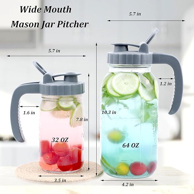 Mason Jar Pitcher 64 OZ Glass Pitcher With Pour Spout Lids (2 Pack) Airtight Leak Proof 2 Quart Wide Mouth Water Pitcher With Handle And Flip Cap For Iced Tea,Milk,Sun Tea, Lemonade,Juice,Iced Coffee