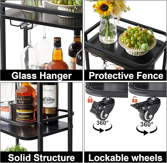 IBUYKE 3-Tier Home Bar Serving Cart,Kitchen Storage Carts with Wheels,11.79x15.72x33.01 inches,Rolling Mini Bar Cart for Home, Outdoor, Kitchen, Bedroom TMJ319B