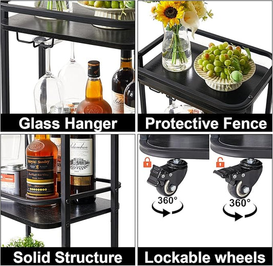 IBUYKE 3-Tier Home Bar Serving Cart,Kitchen Storage Carts with Wheels,11.79x15.72x33.01 inches,Rolling Mini Bar Cart for Home, Outdoor, Kitchen, Bedroom TMJ319B