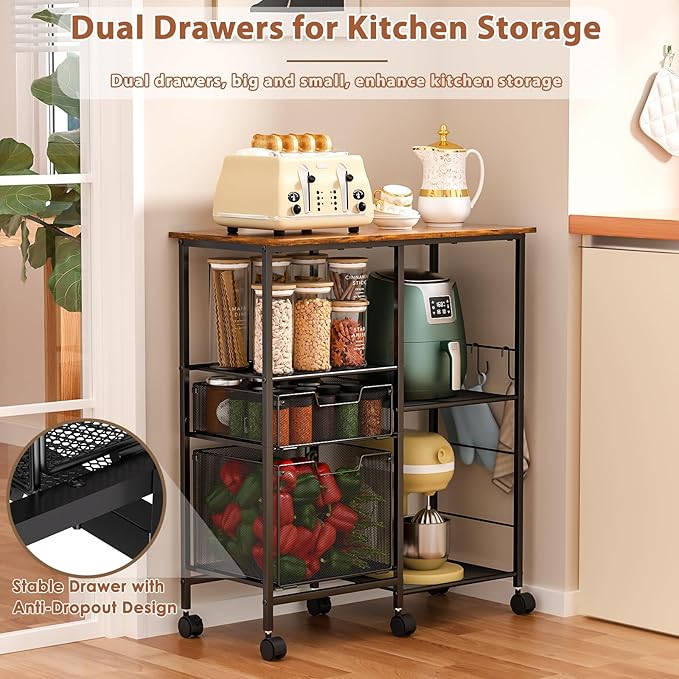 Rolling Microwave Cart with Storage, Microwave Stand with Drawers, Kitchen Storage Rack On Wheels, Kitchen Storage Cart Shelves Organizer Used As Bakers Rack Coffee Bar Station Kitchen Island Cart