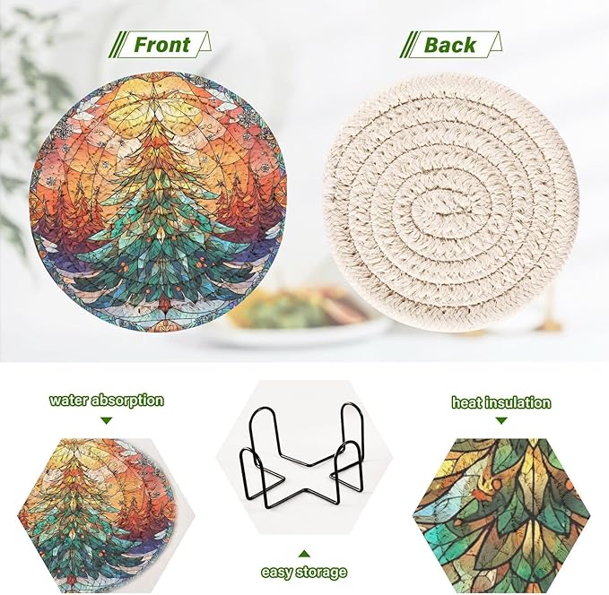 Christmas Coasters with Holder Stained Glass Christmas Tree Xmas Coasters Set of 6 Cotton Woven Absorbent Cup Coaster Xmas Holiday Party Table Decor 4 Inches