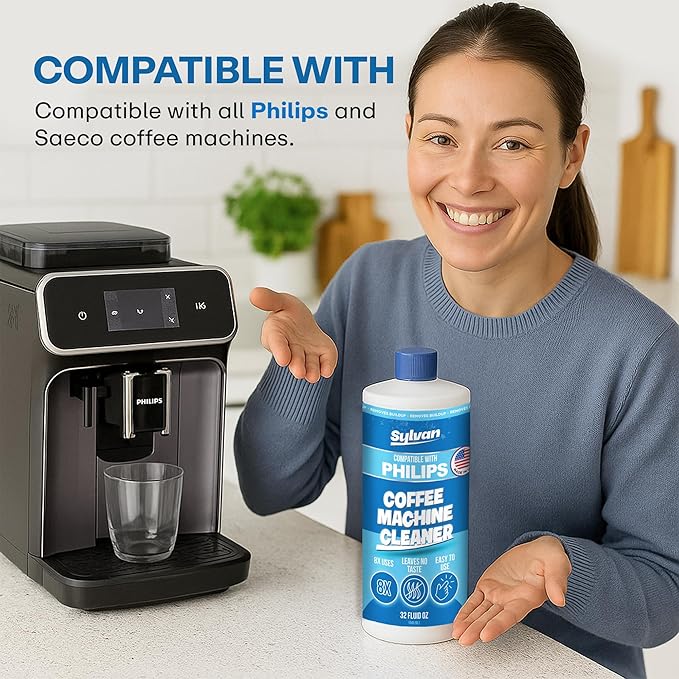 Descaling Solution Compatible with Philips Saeco | Free Cleaning Cloth | 12 Month Supply | Made in the USA | Descaler for Philips Machines | 32 Oz | Coffee Machine Cleaner and Decalcifier