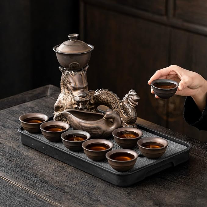 Kungfu Tea Sets Ceramic Teapot with Infuser Loose Leaf Tea Teapot with 8 cups (Antique Brass Dragon- C)