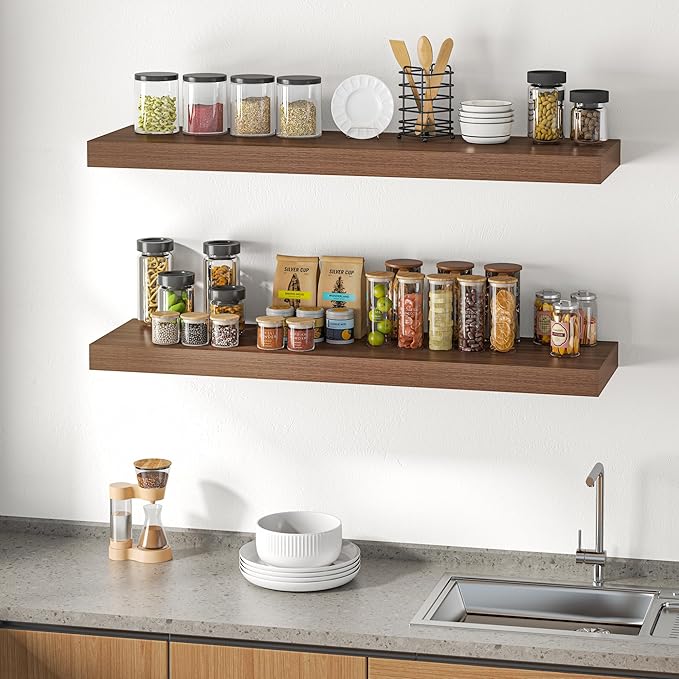 Dreamland 48" Floating Shelves for Wall, 12" Deep Thicker Walnut Floating Shelves, Wall-Mounted Shelves for Bedroom, Living Room, Kitchen, Bathroom - Set of 2