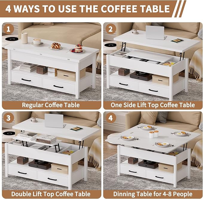 42'' Lift Top Coffee Table, 4-in-1 Multifunctional Lift Coffee Table with Storage & Hidden Compartments, Farmhouse Coffe Table with Lifting top for Living Room, Dining Reception Room, White
