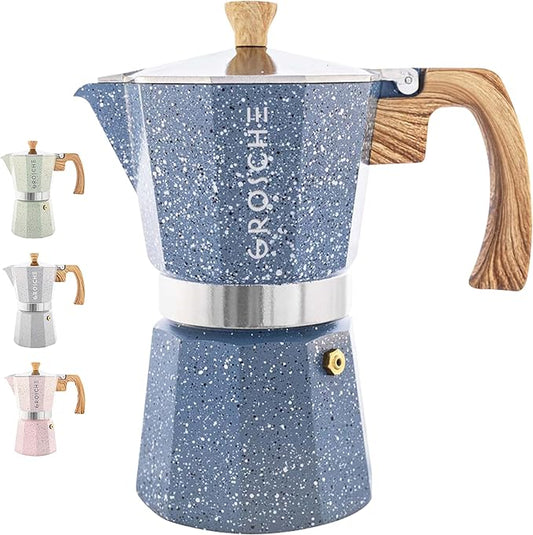 GROSCHE Milano Moka pot, Stovetop Espresso maker, Greca Coffee Maker, Stovetop coffee maker and espresso maker percolator (Indigo, 9 cup)
