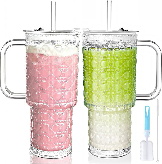 26oz Glass Cups with Lids and Straws,2 Pack Tumbler With Handle Mason Jar Wide Mouth Reusable Drinking Glasses with Lid and Straw Smoothie Tumbler Iced Coffee Beer Cup Travel Mug(Diamond)