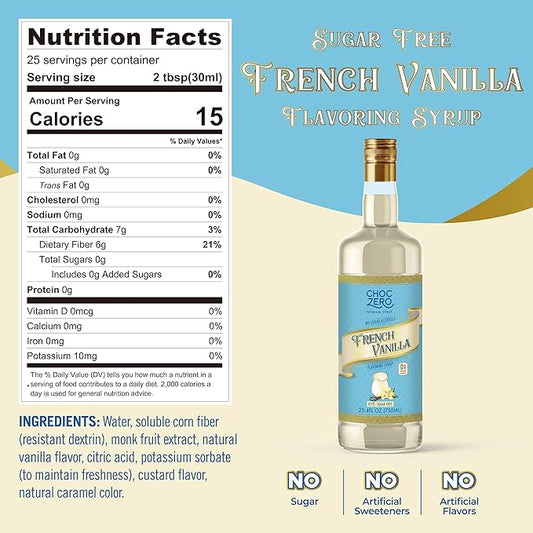 ChocZero French Vanilla Coffee Syrup – Sugar Free Coffee Flavoring, Keto Friendly, Low Carb, No Sugar Alcohols – Vegan, Gluten Free, Non-GMO – 25.4 Fluid Ounces