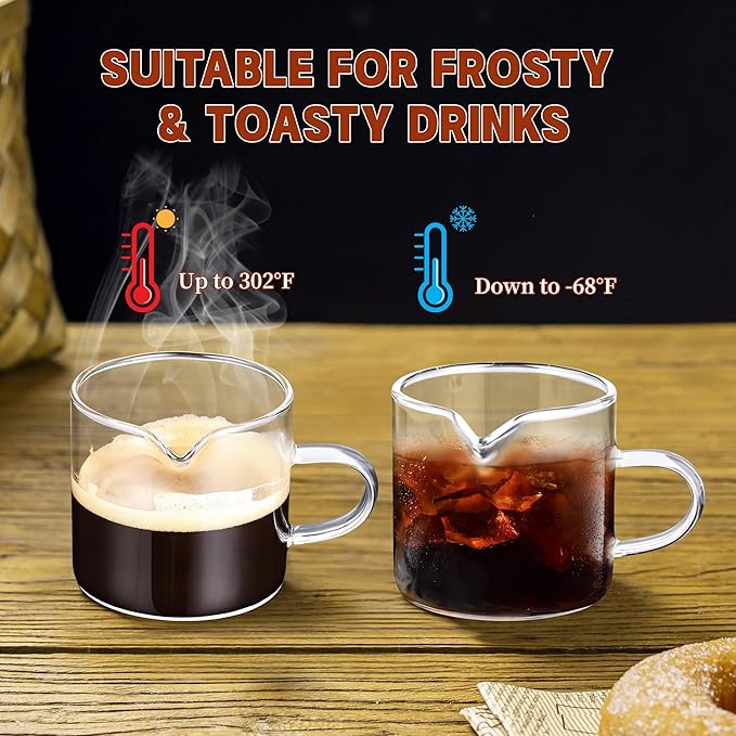 Espresso Cups, Set of 4, Glass Coffee Espresso Cups with Pour Spout, 4 oz, Clear, Dishwasher Safe